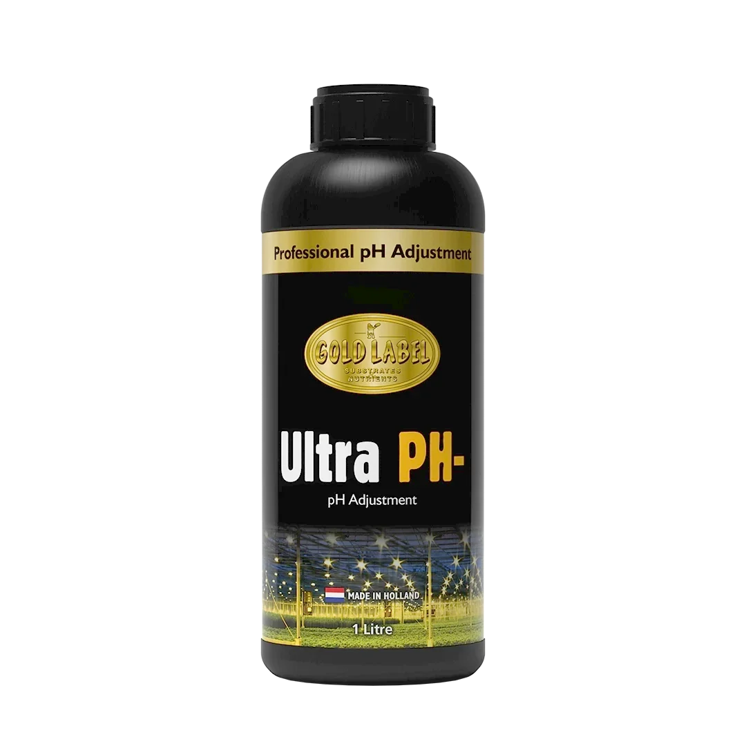 Gold Label Ultra pH Gold Label Ultra pH is a universal acid for adjusting the pH level of nutrient solution. Contains a