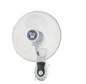 Handheld fan with a white mesh design on a white background