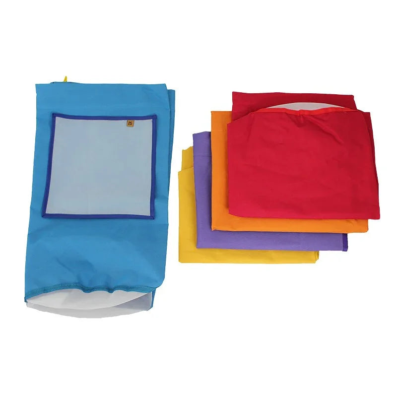 Set of colorful hydroponic grow tent light shields in blue, red, purple, and yellow.