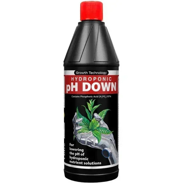 Growth Technology pH Down is a stable solution of 81% phosphoric acid. It is used to lower the pH of your nutrient solution.