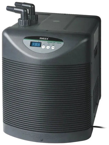 Charles Austen HC Series water chiller with digital display and anti-corrosive titanium evaporator for hydroponic and aquatic systems.