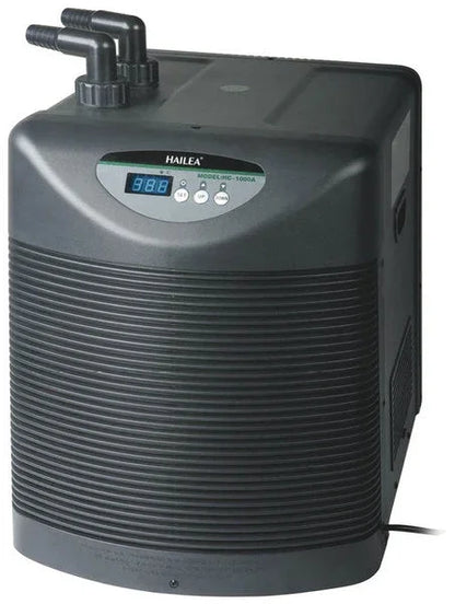 Charles Austen HC Series water chiller with digital display and anti-corrosive titanium evaporator for hydroponic and aquatic systems.