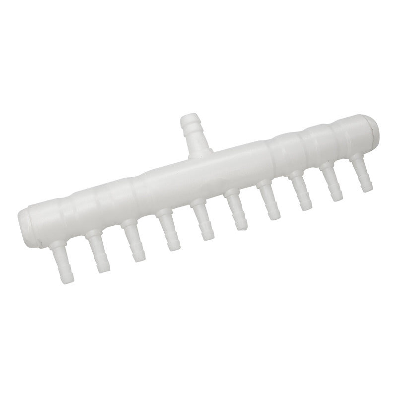 White plastic tool with multiple prongs on a white background