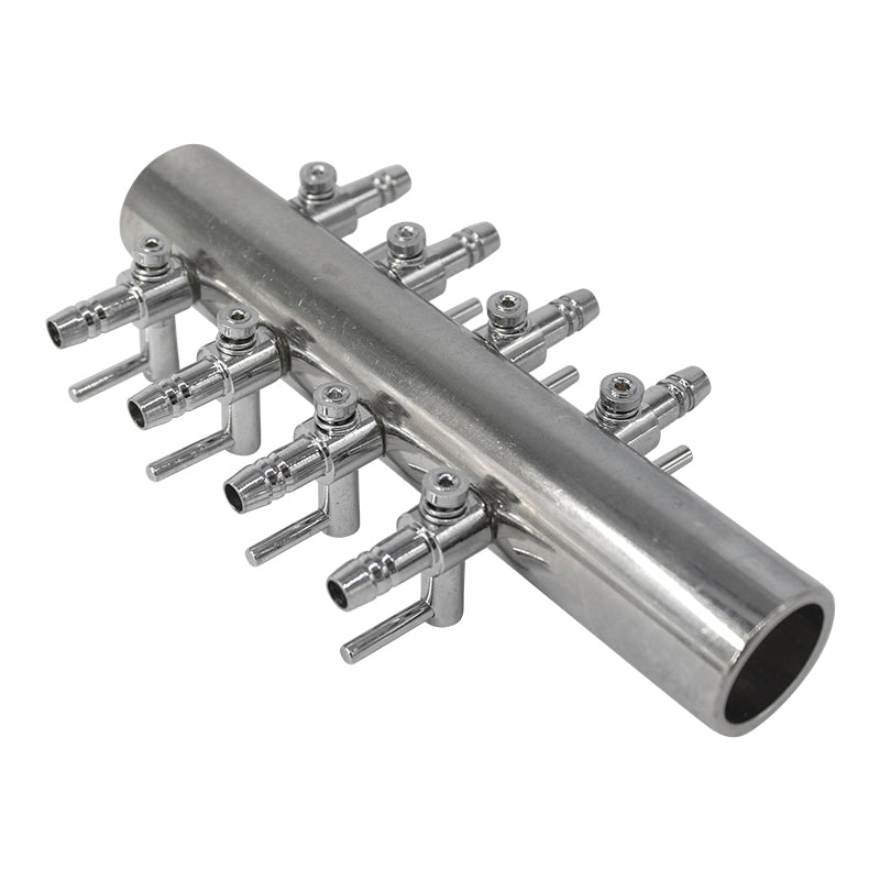 Metal manifold with multiple branches on a white background