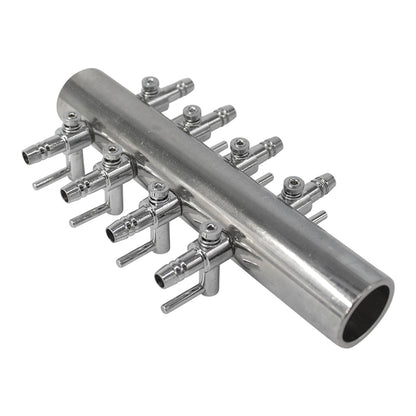 Metal manifold with multiple branches on a white background