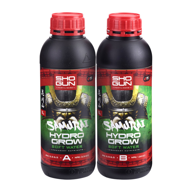 Two bottles of Sho Gun Samurai Hydro Grow Soft Water on a white background