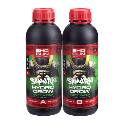 Two bottles of Sho Gun Samurai Hydro Grow Soft Water on a white background