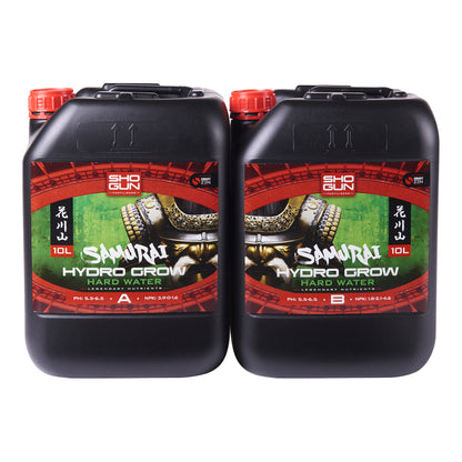 Two bottles of Samurai Hydro Grow hard water treatment on a white background