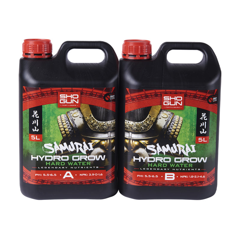 Two bottles of Sho Gun Samurai Hydro Grow Hard Water on a white background