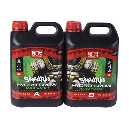 Two bottles of Sho Gun Samurai Hydro Grow Hard Water on a white background