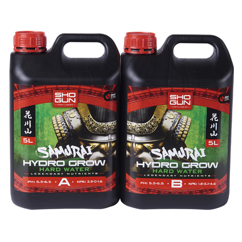 Two bottles of Sho Gun Samurai Hydro Grow Hard Water on a white background