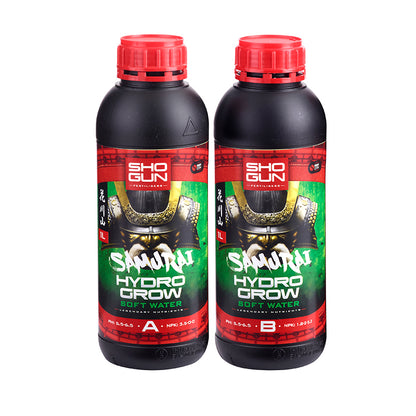 Two bottles of Sho Gun Samurai Hydro Grow soft water on a white background