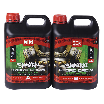 Two bottles of Sho-Bun Samurai Hydro Grow Soft Water on a white background