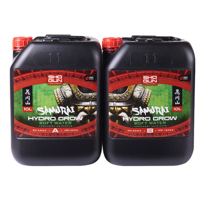 Shogun Hydro Grow Soft Water A & B 10L Bottles side by side against a white background 