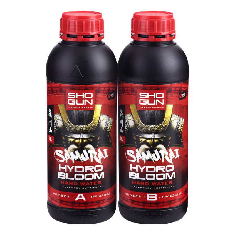 Two bottles of Sho Gun Samurai Hydro Bloom Hard Water on a white background