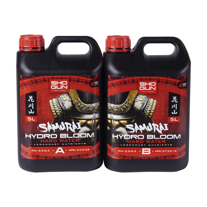 Two bottles of Sho Gun Samurai Hydro Bloom Hard Water on a white background