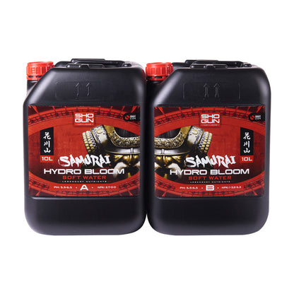 Two containers of Samurai Hydro Bloom soil and water nutrients on a white background