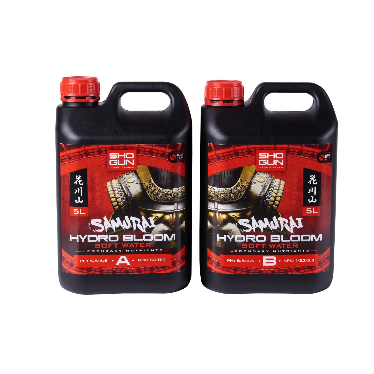 Two bottles of Sho Gun Samurai Hydro Bloom Soft Water on a white background