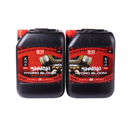 Two black containers of Samurai Hydro Bloom on a white background