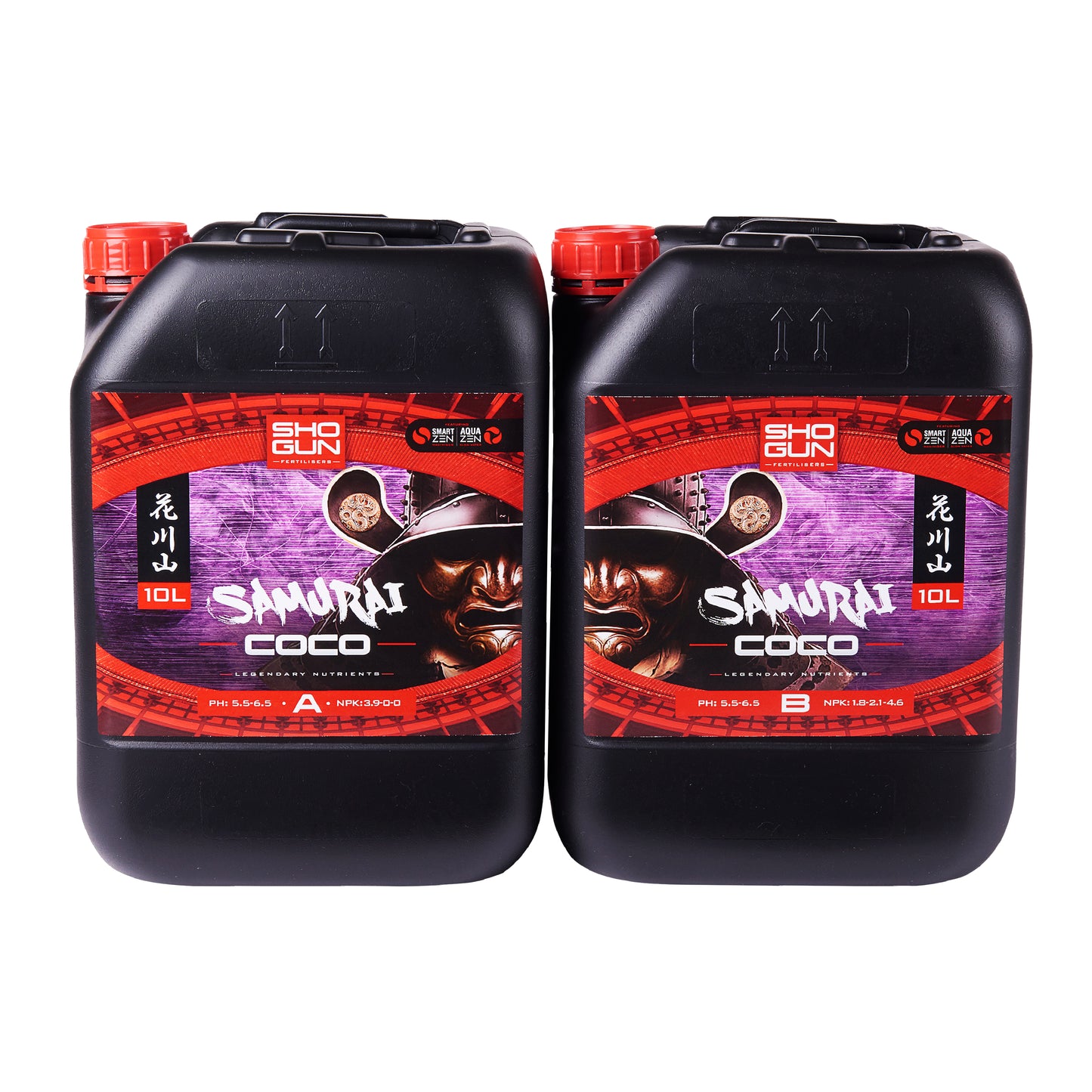 Two black containers of Samurai Coco fertilizer on a white background