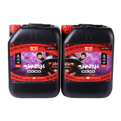 Two black containers of Samurai Coco fertilizer on a white background