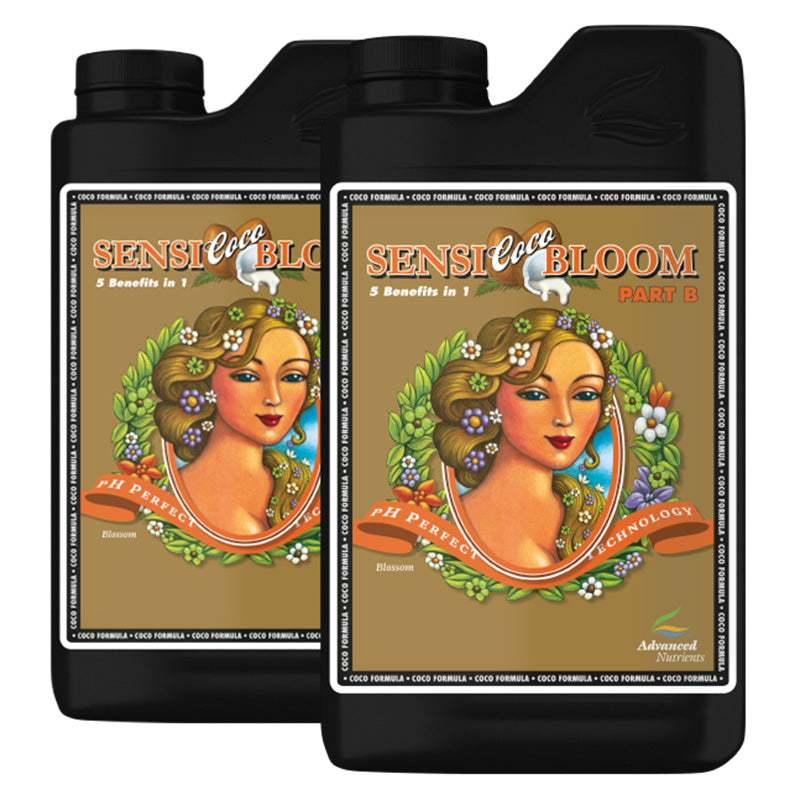 Two bottles of Sensi Coco Bloom plant food with decorative labels on a white background