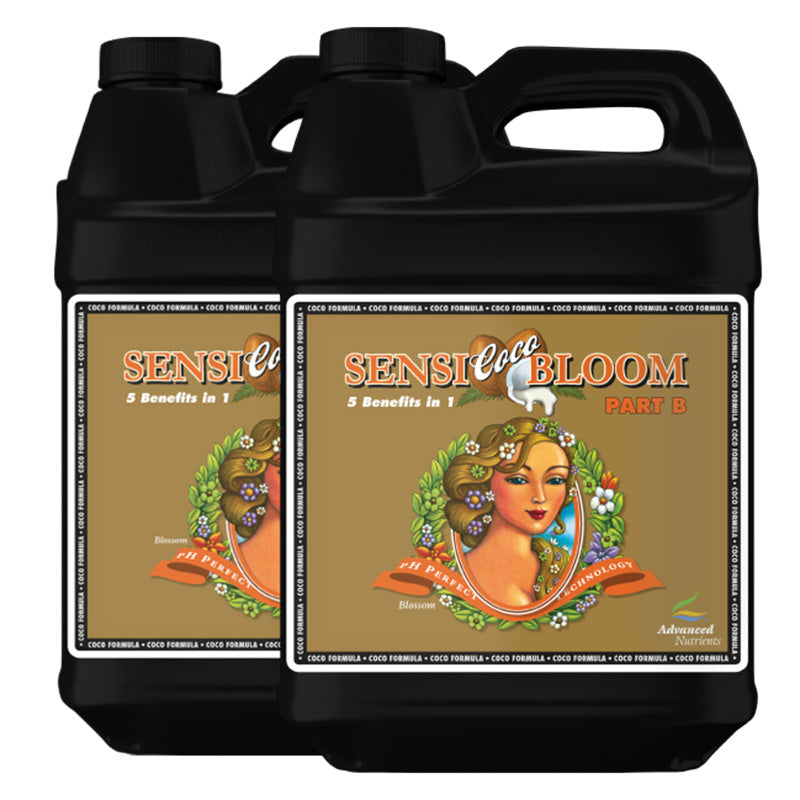 Two black bottles of Sensi Bloom plant nutrient on a white background