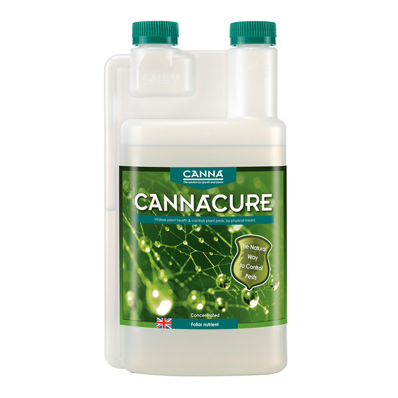 Canna Cure plant nutrient bottle with green label on a white background