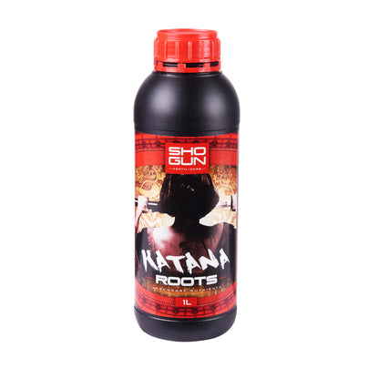 Bottle of Katana Roots fertilizer with red and black design on a white background
