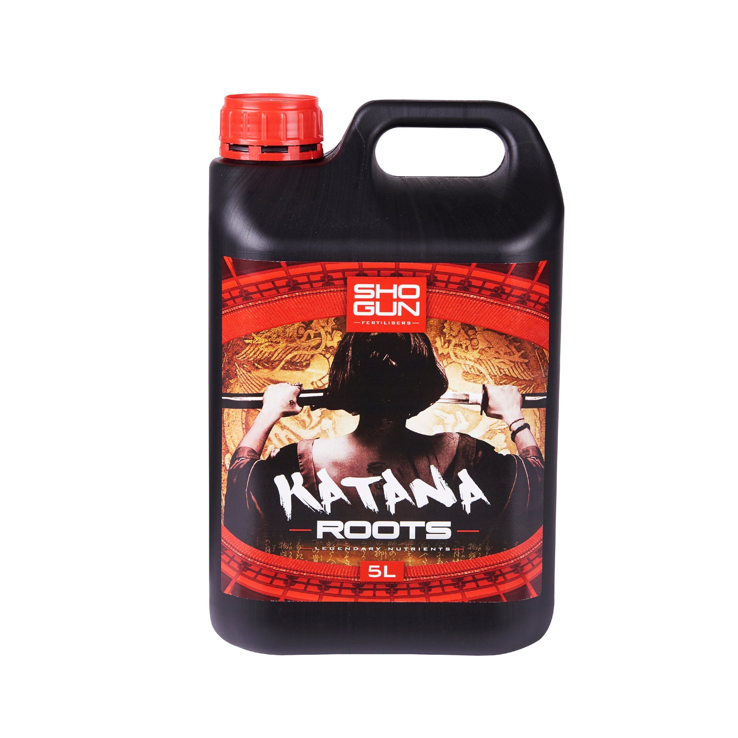 Black container with red lid labeled 'Katana Roots' on a white background