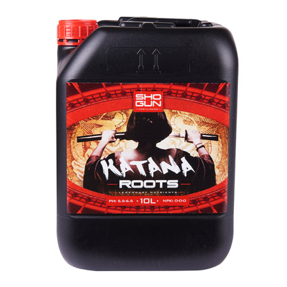 Black container with a red label featuring the brand 'Shogun' and product 'Katana Roots'.