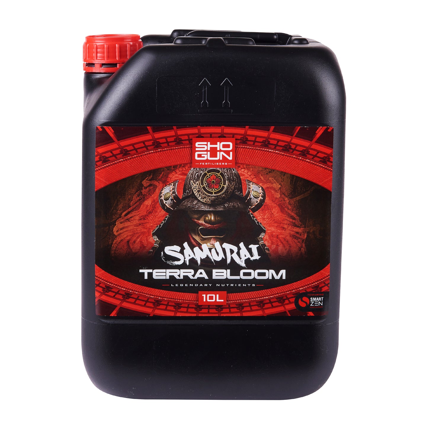 Black container with red cap labeled 'Samurai Terra Bloom' on a white background
