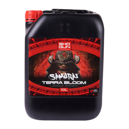 Black container with red cap labeled 'Samurai Terra Bloom' on a white background