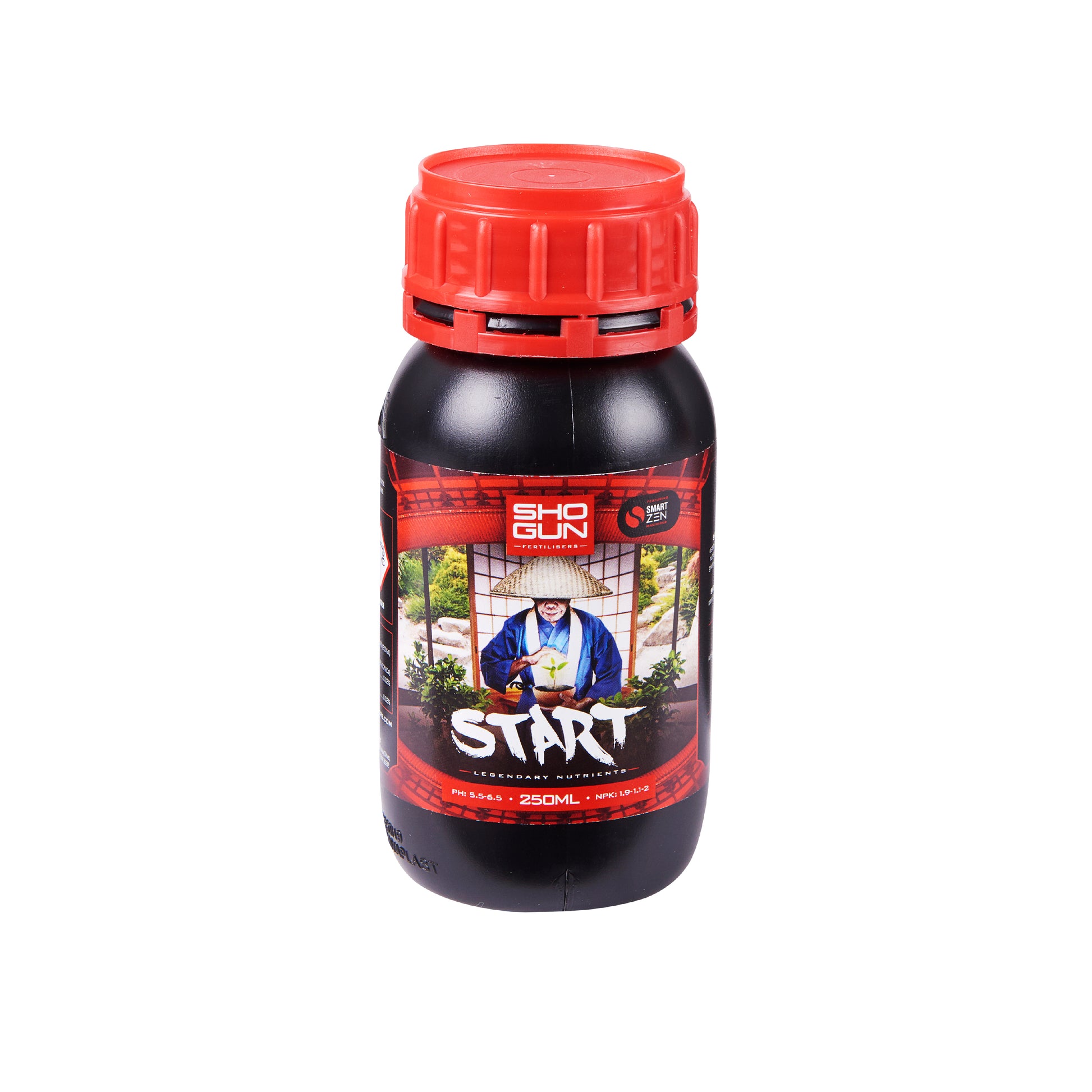Bottle of Shogun Start fertilizer on a white background