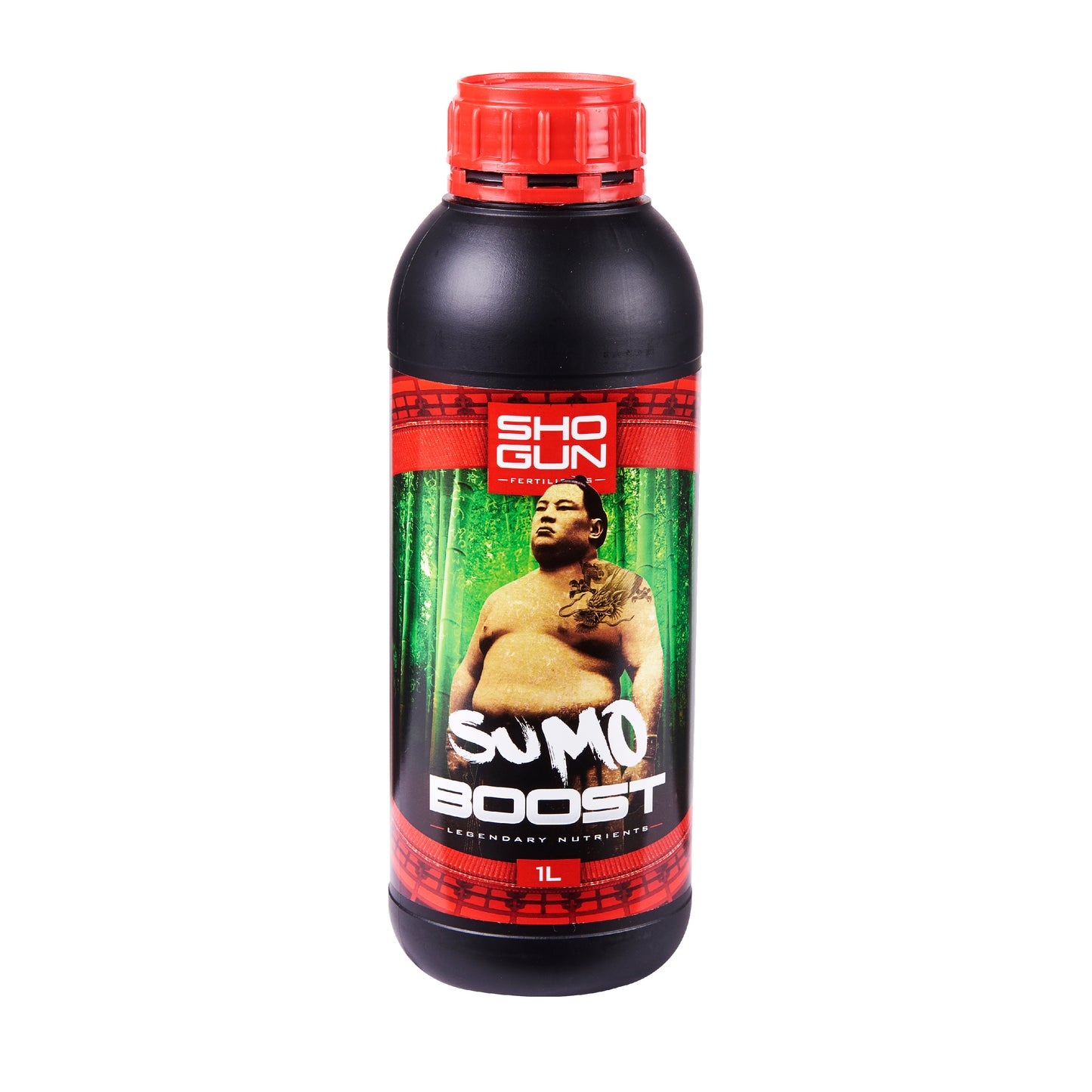 Bottle of Sumo Boost supplement with a red cap on a white background