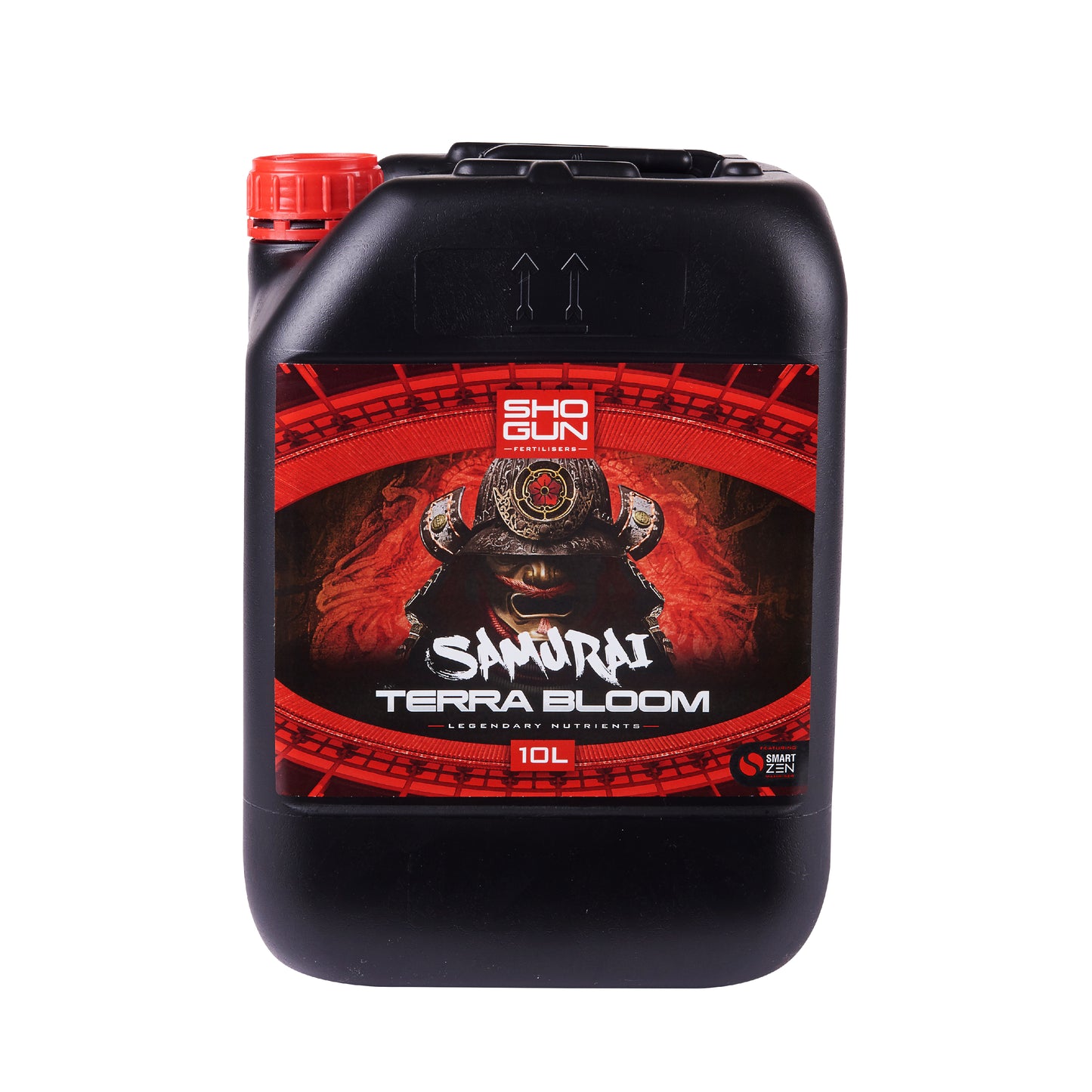 Black container with red label featuring a bear and text on a white background