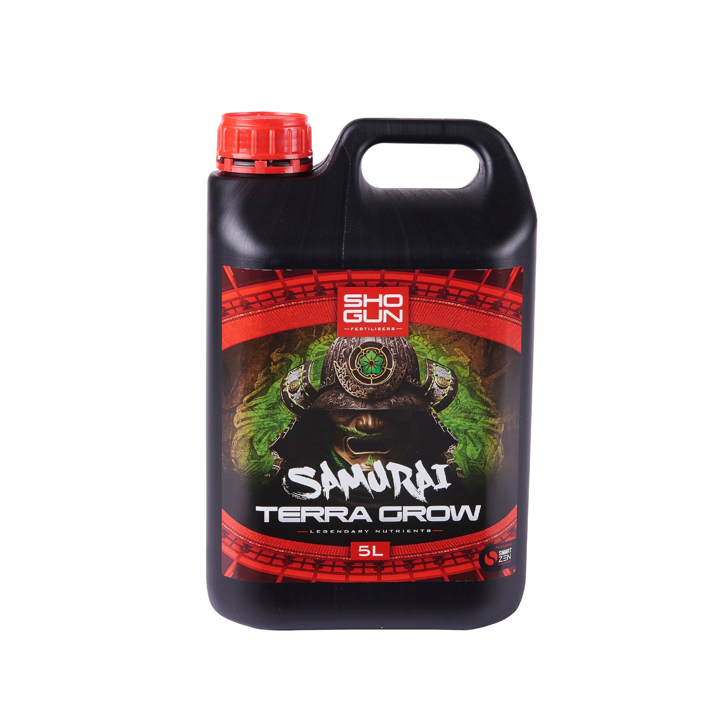 Black and red container labeled 'Samurai Terra Grow' on a white background