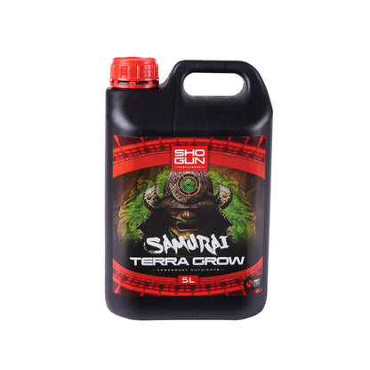 Black and red container labeled 'Samurai Terra Grow' on a white background