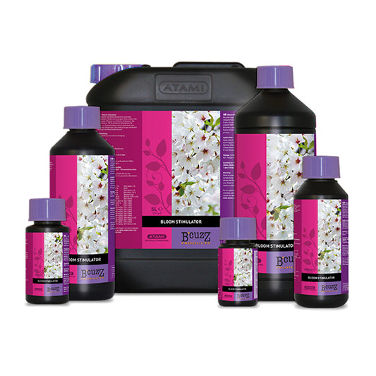 Group shot of all Atami Bloom Stimulator bottles in different sizes against a white background 