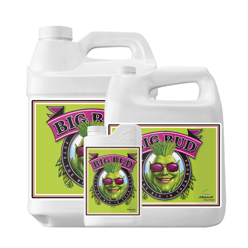 Three bottles of Advanced Nutrients Big Bud plant food on a white background
