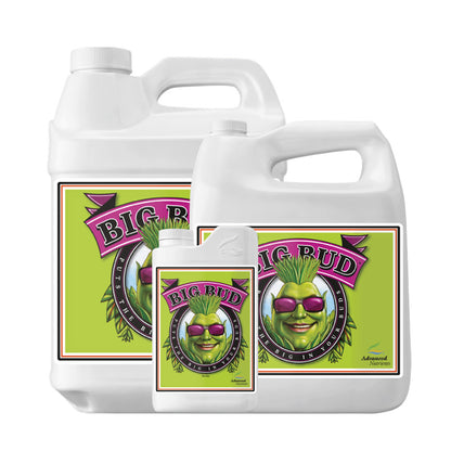 Three bottles of Advanced Nutrients Big Bud plant food on a white background