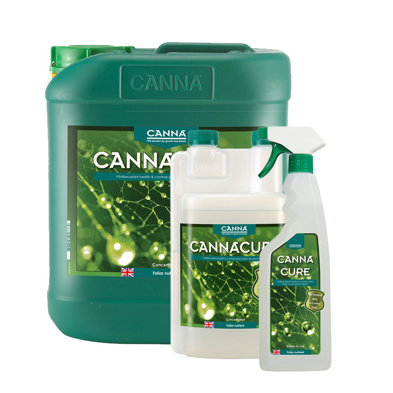 Canna gardening products including a large green container and two smaller bottles on a white background