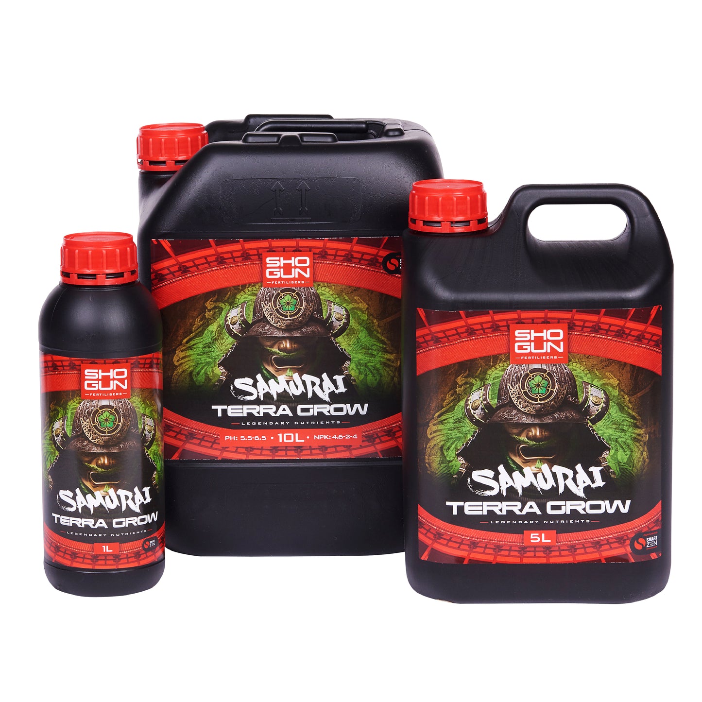 Set of Sho Gun Samurai Terra Grow products in various sizes on a white background