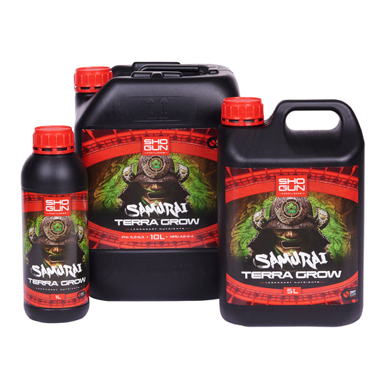 Set of Sho Gun Samurai Terra Grow products in various sizes on a white background