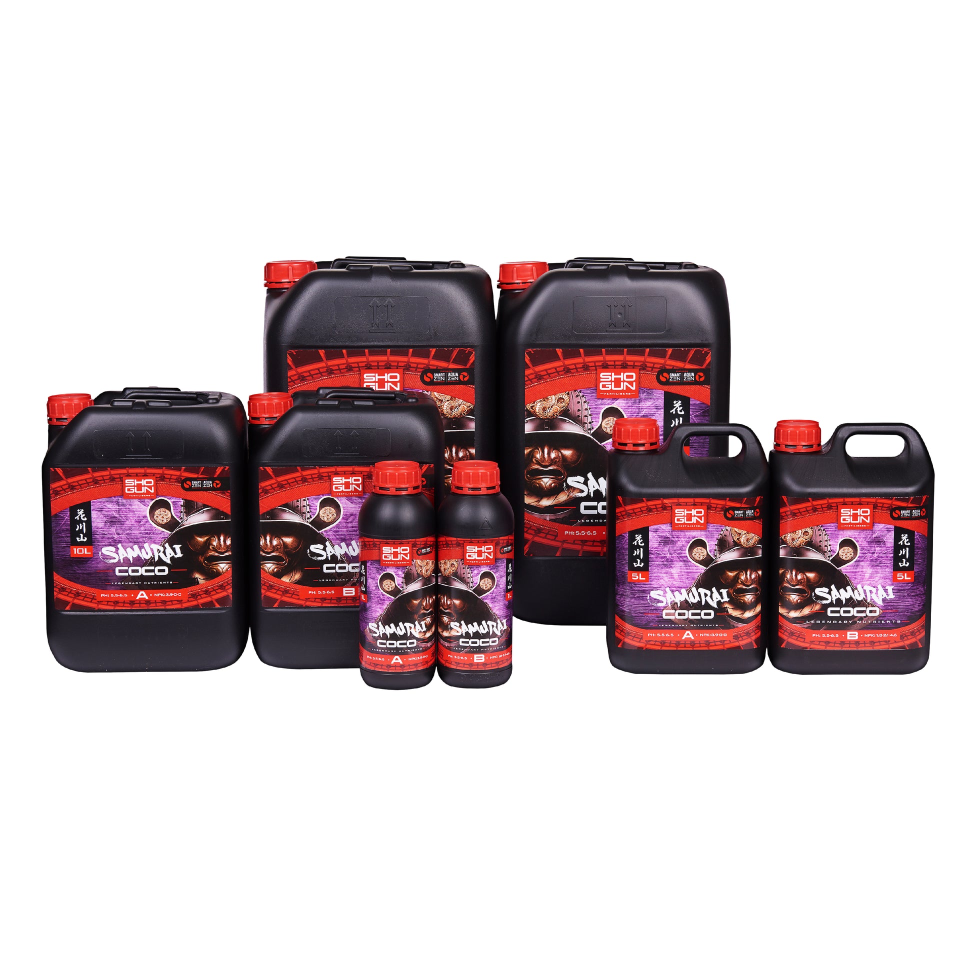 Set of black and red containers with visible branding on a white background