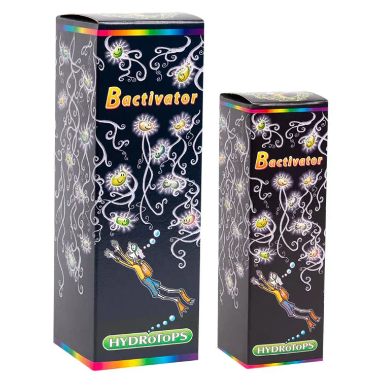 Two boxes of Hydrotops Bactivator root supplement with colorful psychedelic artwork.