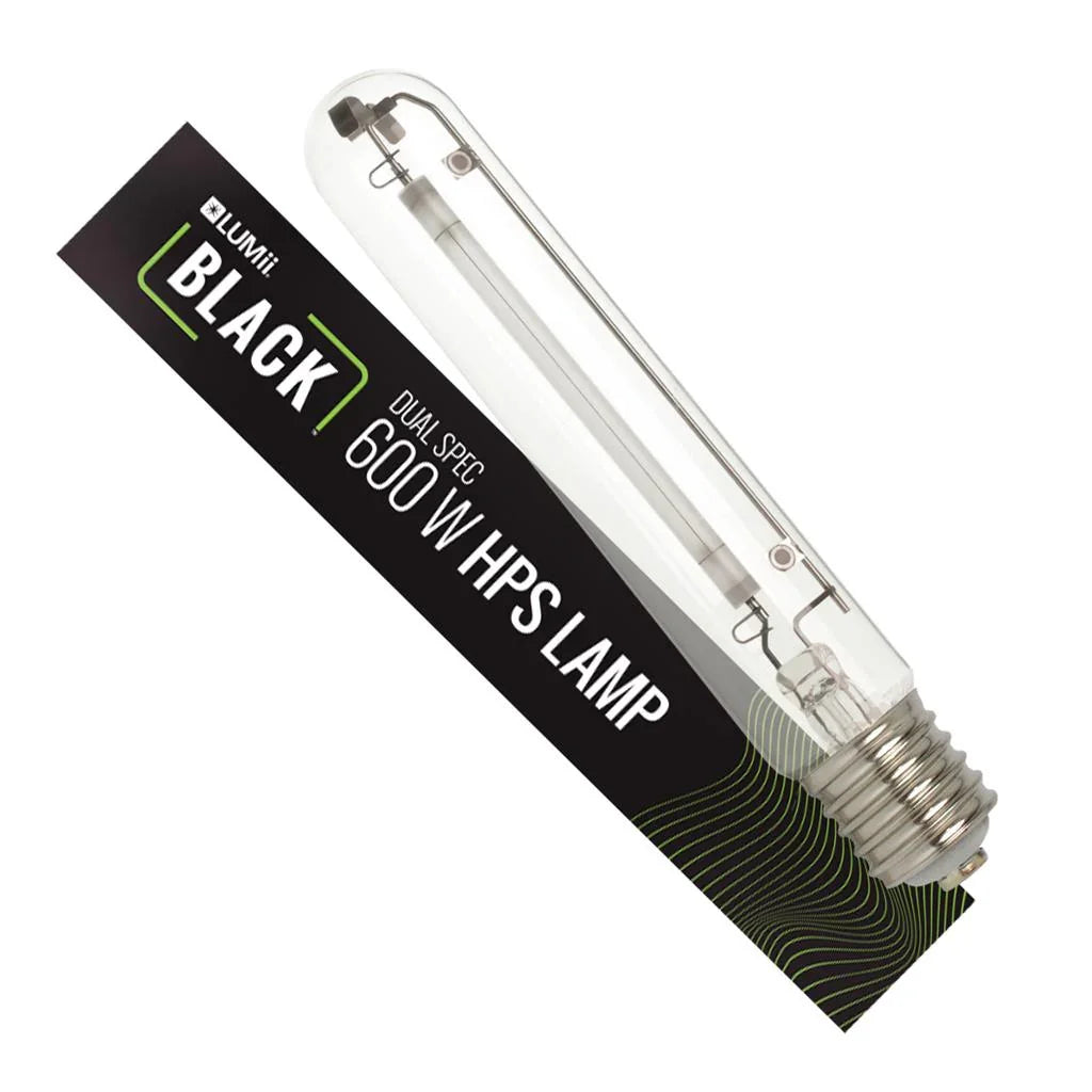 The LUMii BLACK Lamps is a 600 W Dual Spectrum, High Pressure Sodium (HPS) Lamp with an E40 fitting. Perfect for stimulating