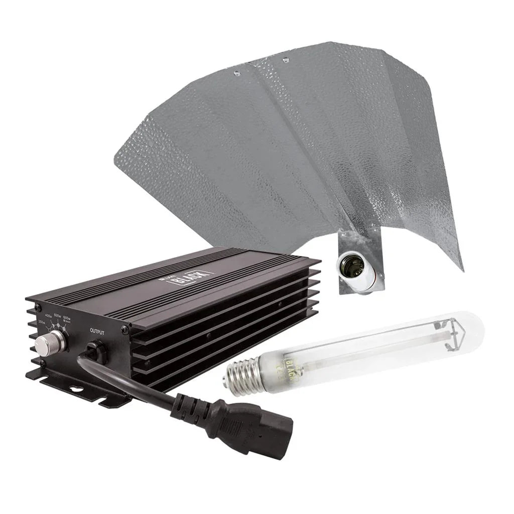 HPS grow light kit with black ballast, reflector, and replacement bulb