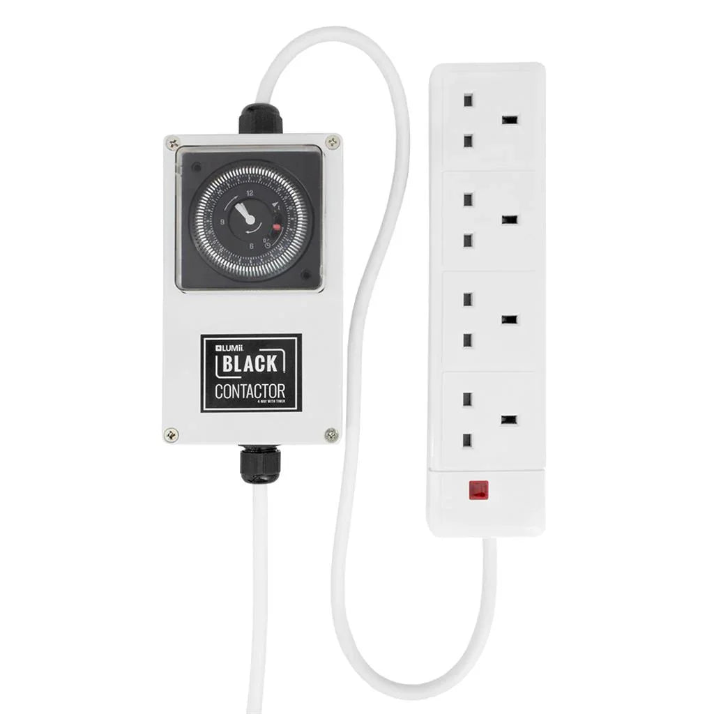 The LUMii BLACK contactor timer is a simple and cost-effective solution for grow light scheduling, ensuring that plants get