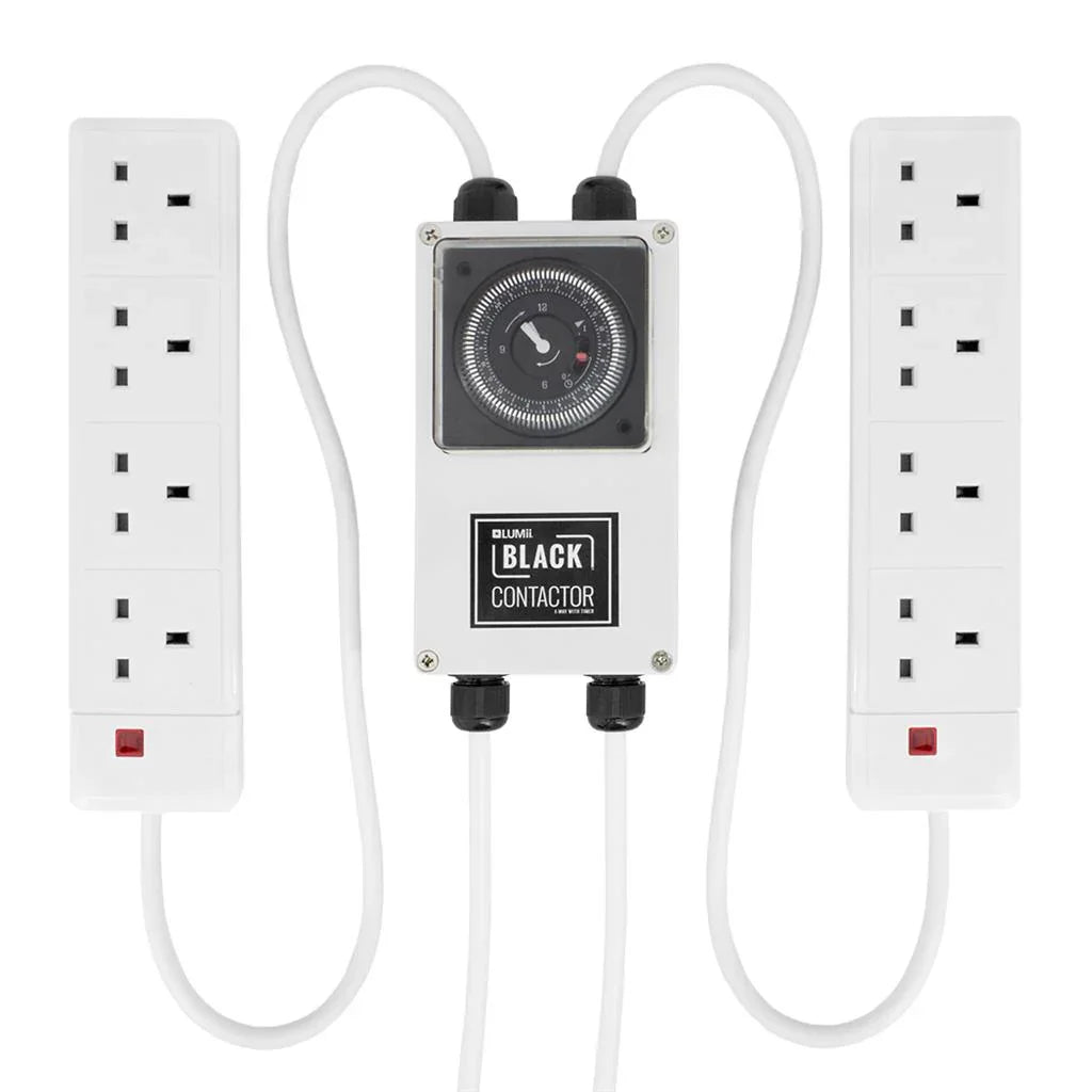 The LUMii BLACK contactor timer is a simple and cost-effective solution for grow light scheduling, ensuring that plants get